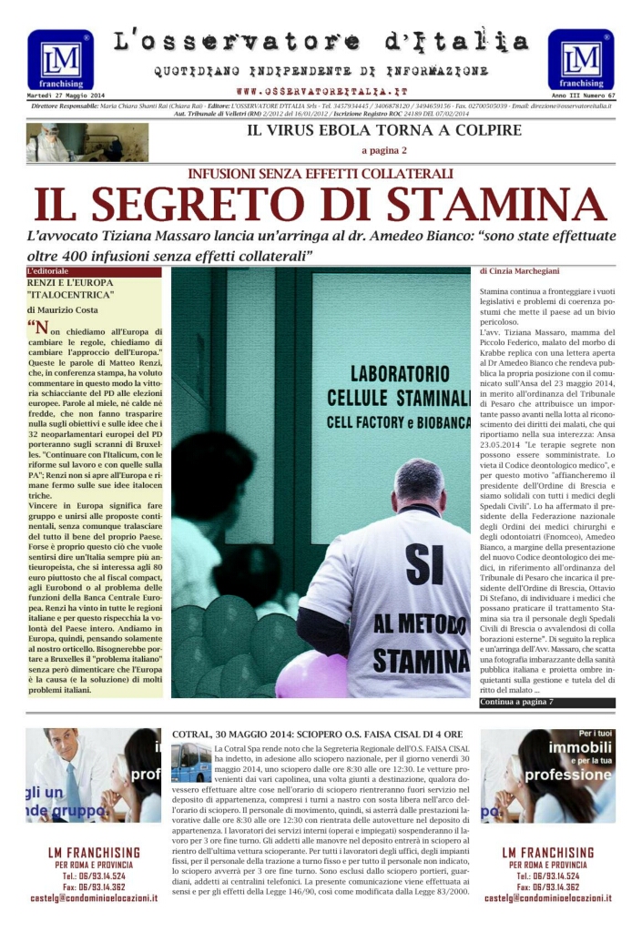 L'osservatore d'Italia edizione del 27 Maggio 2014